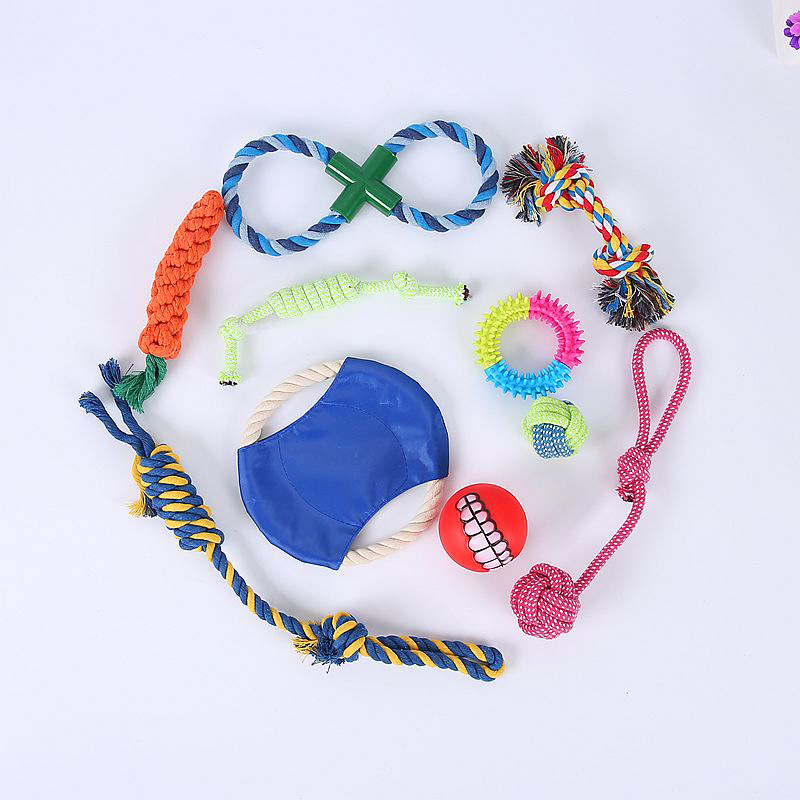 Los fabricantes suministran combinación de juguetes para mascotas, juego de 10 piezas, juguetes para mascotas tpr, juguetes molares de cuerda para perros Corgi