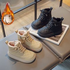 Children's leather boots 2023 winter new style plus velvet and second cotton to keep warm and thickened plaid Martin boots for boys and girls cross-border trend