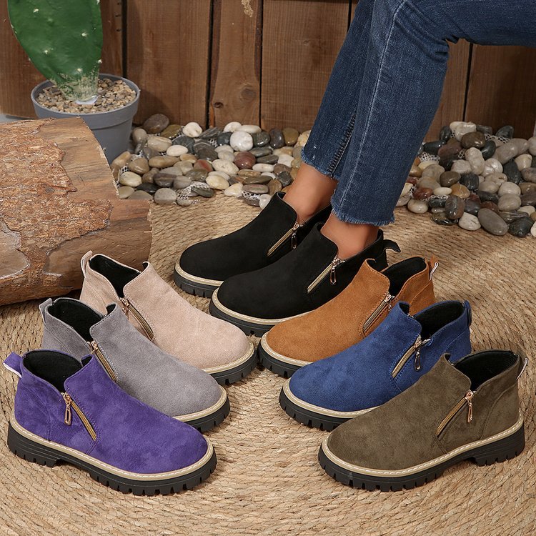 跨境圆头侧拉链一脚蹬套脚马丁靴女短筒粗跟四季款时尚绒面时装靴