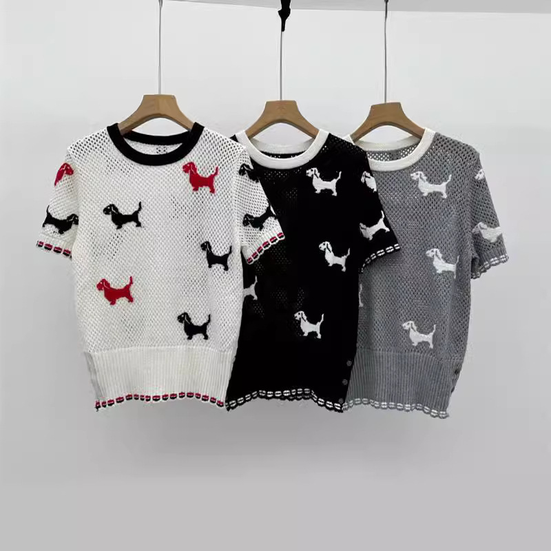 Summer New Round Neck Full Body Puppy Jacquard Thick Needle Hollow Hem Split Contrast Lace Knitted T-shirt Top