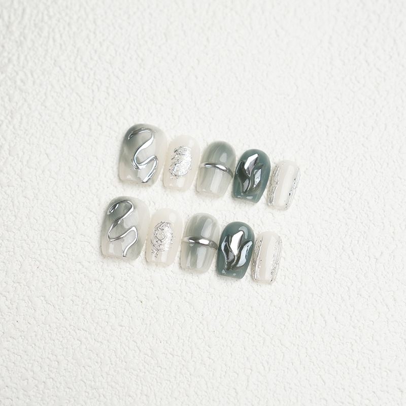 Hand-Wearing Armor Hand-Painted Dark Green Vimi Dye White High-Level Wearable Manicure Finished Nail Stickers Short