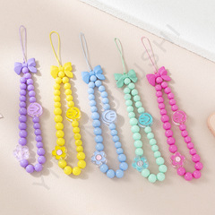 New solid color acrylic beaded mobile phone chain personalized creative bow mobile phone case lanyard anti-fall wrist strap