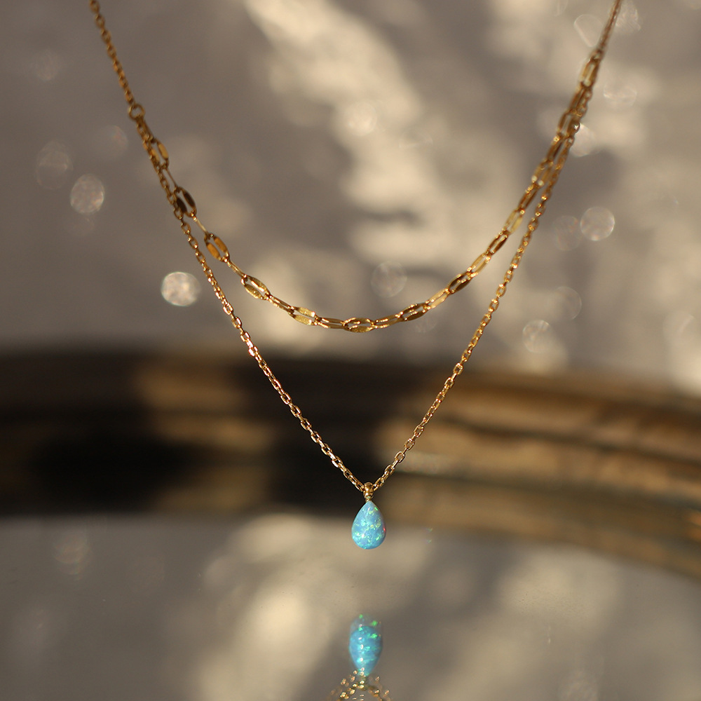 Linglang Blue Tears Water Drop Pendant Necklace 18K Gold Plated Layered Necklace Gold Chain Layering Jewelry