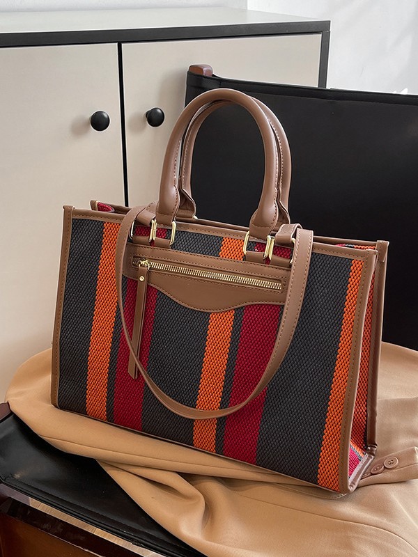 Cross-border color contrastante estriado bolso de mano casual para mujeres 2024 Amazon nueva moda de gran capacidad mochila de viaje