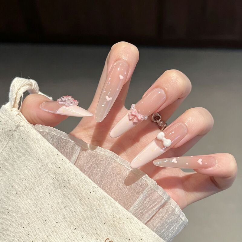 Long-lasting press-on nails with bows and hearts for students, handmade, detachable, and flattering Long-lasting press-on nails with bows and hearts for students, handmade, detachable, and flattering