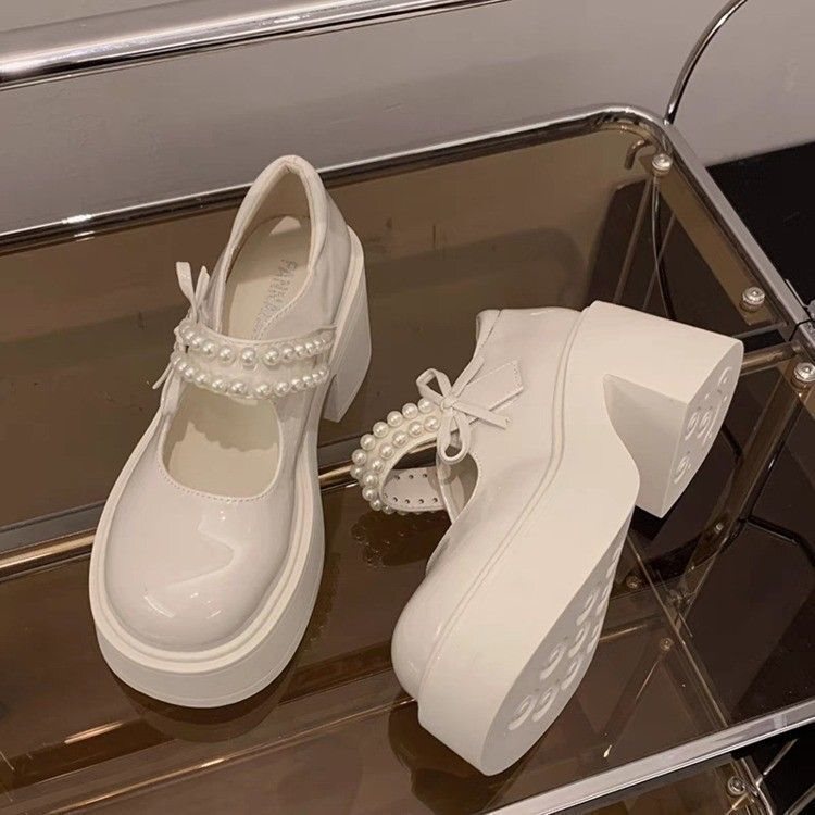 Thick-Soled Wedding Shoes for the Bride, Wedding Dress Essential, Platform Shoes, Spring Bowknot Chunky Heel, Pearl Mary Jane Bridal High Heels