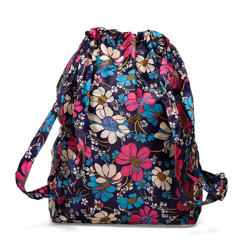 Cross-border floral fabric drawstring large-capacity backpack for women, foldable portable shopping bag, outdoor travel backpack