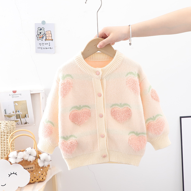 2024 frühjahr Neue Koreanische Herbst und Winter Mädchen Rundhals Pullover Strickjacke Große Pfirsich Cartoon Kinder Top_voghion.com