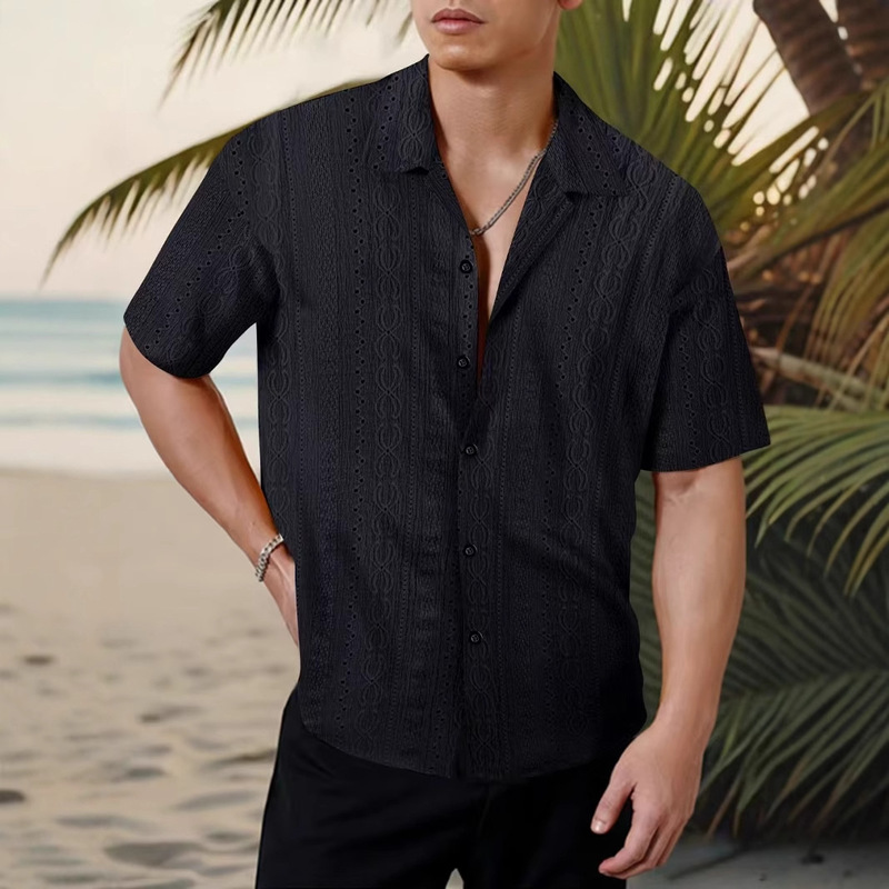 Summer New Vintage Jacquard Hollow Lace Design Short-Sleeve Shirt for Men Wholesale