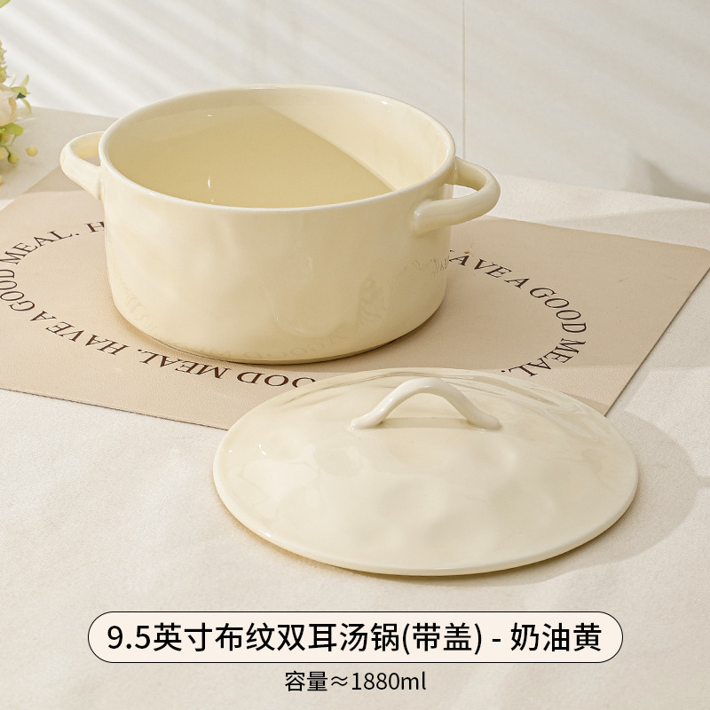Olla grande de cerámica estilo japonés de lujo ligero, estilo crema, para sopa, fideos instantáneos, tazón grande para sopa, vajilla de cerámica