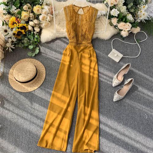 Jumpsuits for women 2020 new OL women's clothing scheming hollow backless sleeveless lace splicing waist slimming wide leg pants