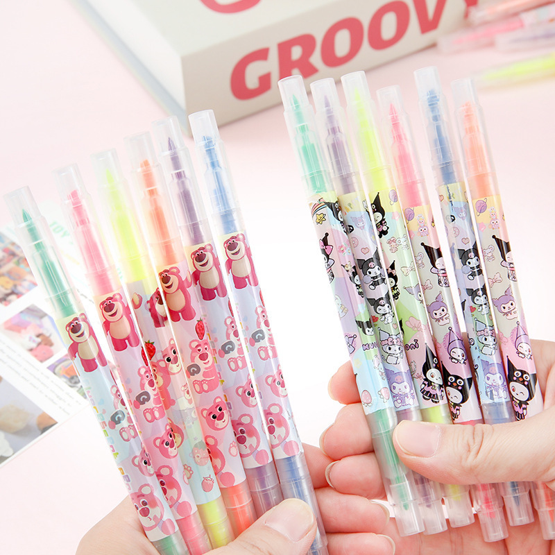 6 juegos de dibujos animados de doble cabeza marcador de punta de color