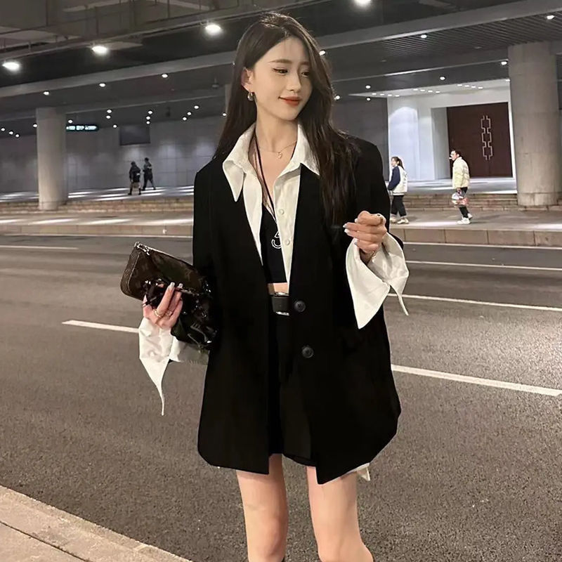 Two-Piece Korean Style Women's New Splicing Fake Two-Piece Suit Jacket + Belt Splicing Culottes Ins Style Suit