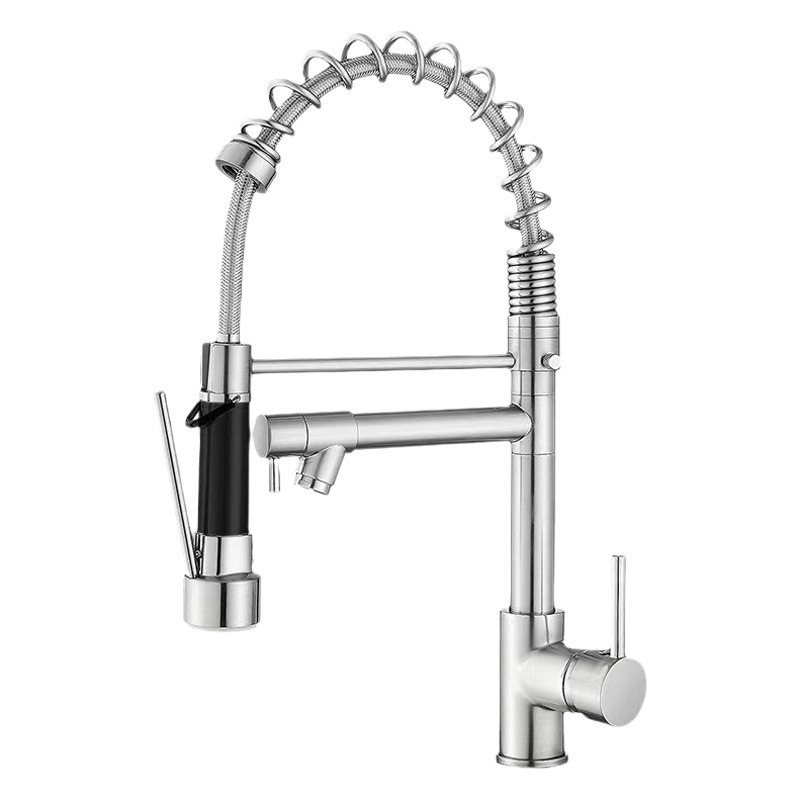 Cross-Border E-Commerce Foreign Trade Spring-Loaded Kitchen Faucet Stainless Steel Hot and Cold Water Pull-Out Sink Faucet