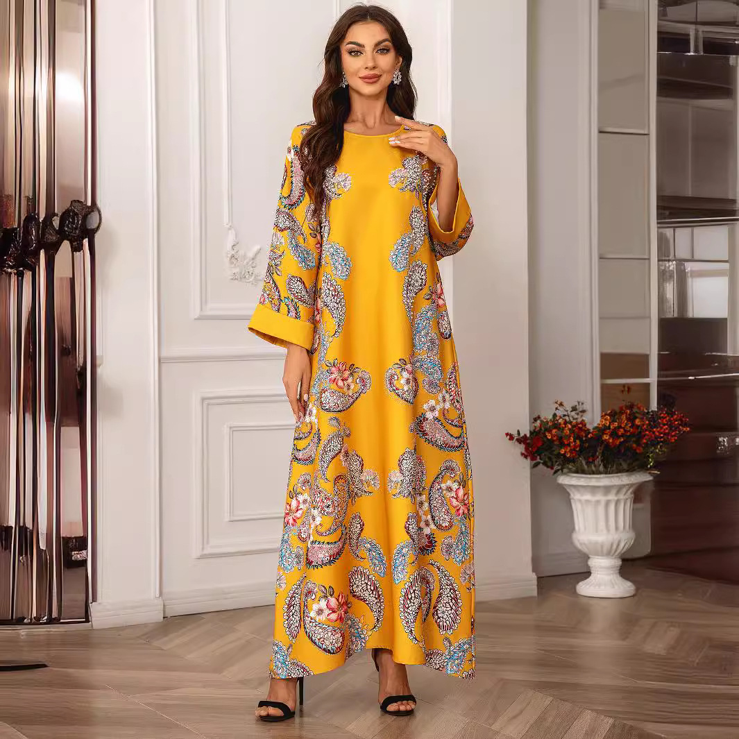 2405 Middle Eastern European Cross-border Muslim Women's Long-sleeved Floral Dress With Beading Rhinestones, Elegant And_ecoleips.com