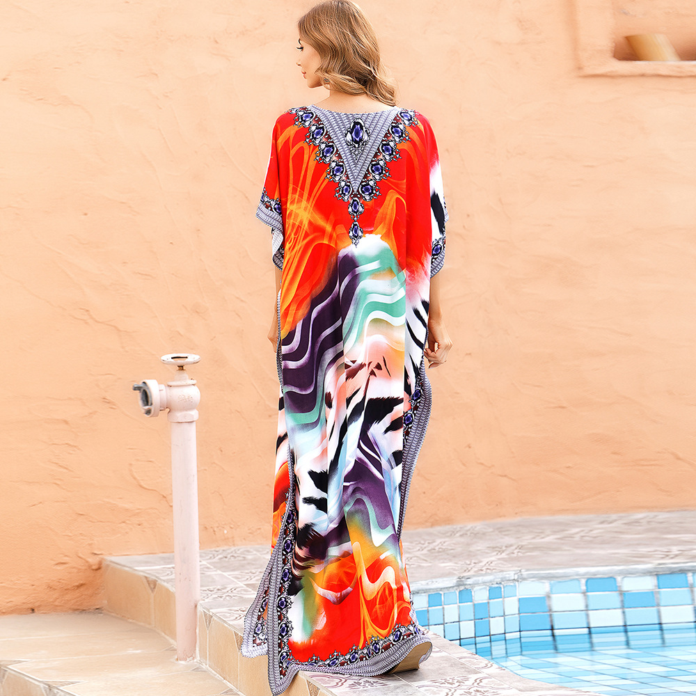 Europeo y americano de cuatro lados estiramiento impreso traje de playa vestido de fiesta vestido bikini protección solar camisa traje de baño femenino 1D28