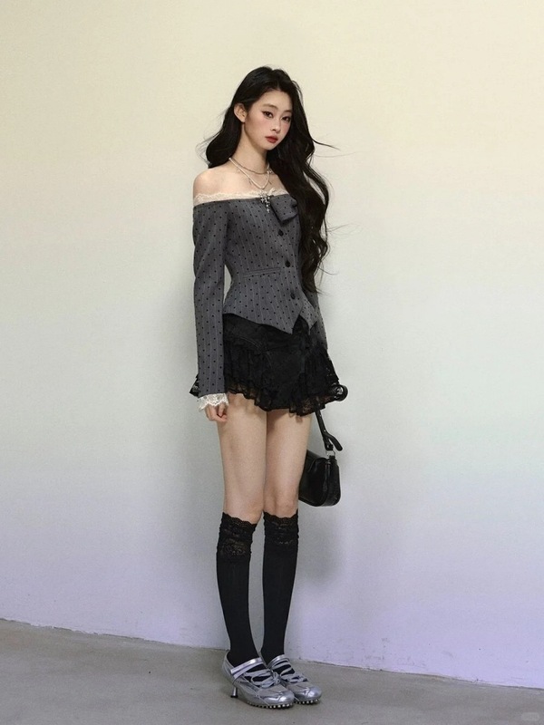 法式小香风甜辣一字领波点蝴蝶结设计感上衣女小众高腰半身裙套装|undefined