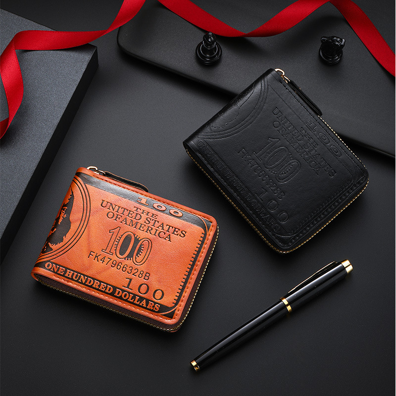 Cross-Border Popular Men's Wallet with Dollar Pattern, Ultra-Light Pu Bag, Multifunctional Retro Multi-Card Slot Manufacturer