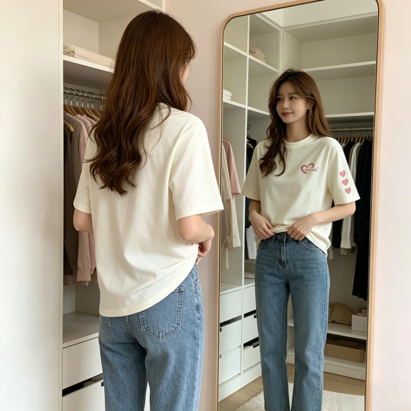 Summer T-Shirt for Women, White Pure Cotton, Regular Shoulder Short-Sleeve T-Shirt, Half-Sleeve, 2026 New Model, Summer Loose Top for Petite Women Summer T-Shirt for Women, White Pure Cotton, Regular Shoulder Short-Sleeve T-Shirt, Half-Sleeve, 2026 New Model, Summer Loose Top for Petite Women