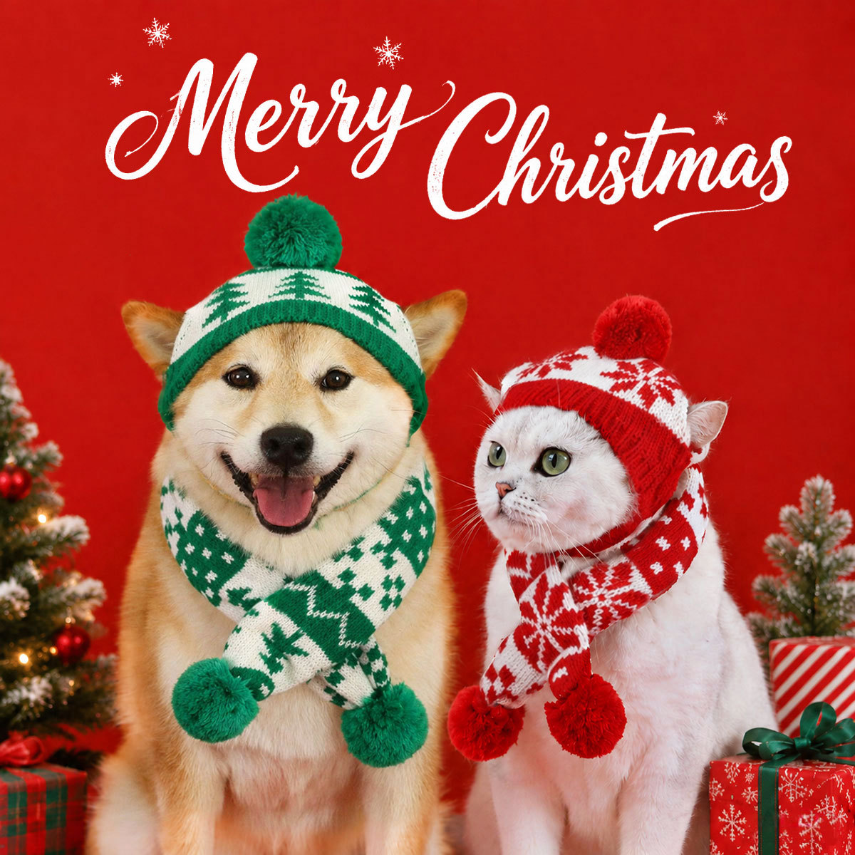 Explosiones transfronterizas de mascotas gatos perros tejidos bufandas navideñas sombreros accesorios set de copo de nieve cuello de lana cuadrado