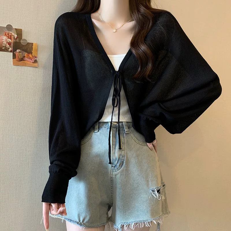 Black silk summer thin cardigan, knitted cloak, plus size, lifting effect