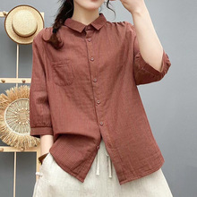 双层棉纱七分袖条纹衬衫女夏装出口日单复古文艺棉质翻领上衣