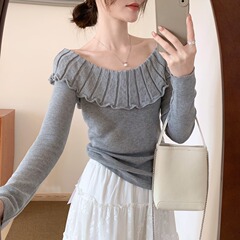 韓系の優しい風の一字の肩の細いウールのニットの女性の春の新型の甘い子供の襟の百合はやせている上着を現します。