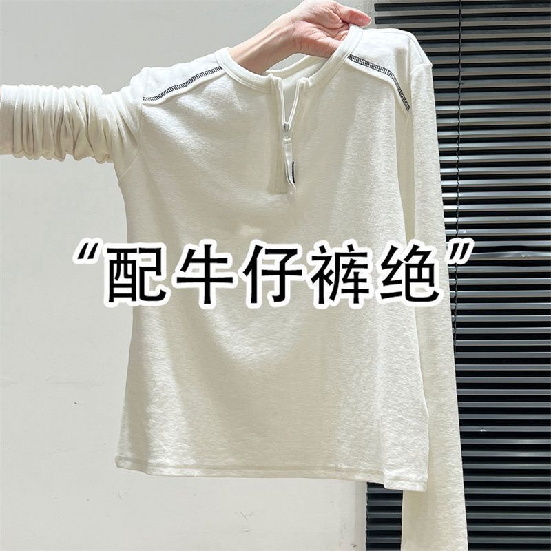 Foreign Trade Clearance ~ Cut Label Tail Goods Design Round Neck Half-Zip Long-Sleeved T-Shirt Women's White Bottoming Shirt Inner Top