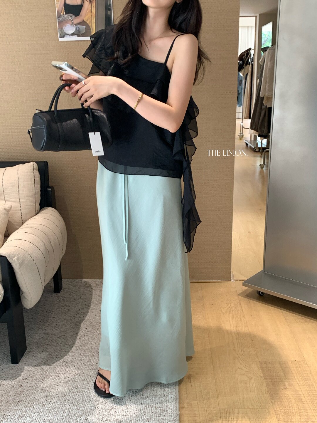 Chân váy chữ A nữ dài mắt cá buộc dây phong cách thư giãn — màu đen, Màu cà phê, xanh lá cây, màu mơ chi tiết 27