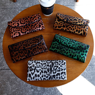 Foreign Trade Cross-Border First-Layer Cowhide Long Wallet for Women European and American Retro Elegant Leopard Print Evening Bag Versatile Hand Wallet