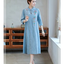 2023夏季新款大码女装胖MM棉麻民族风刺绣中长连衣裙子改良茶服