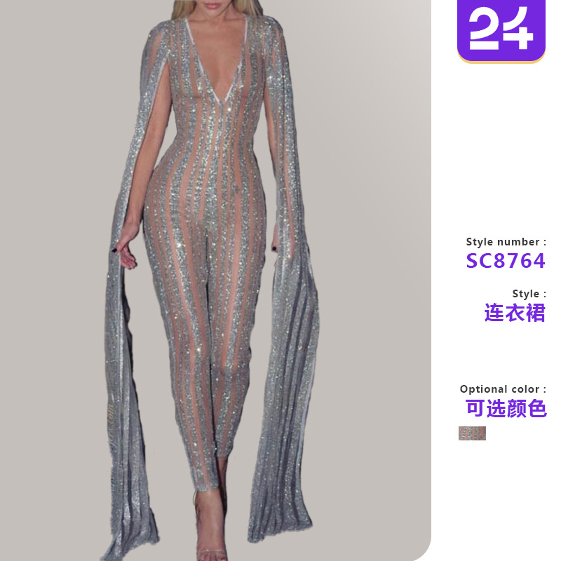 2024 nuevos europeos y americanos de las mujeres de comercio exterior transfronterizo mono bronceado Pantalones slim de manga larga-Fit sexy vestido de noche image 3
