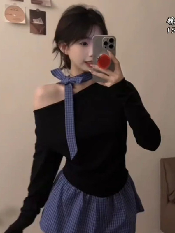 假两件格子拼接露肩长袖t恤女秋冬设计感小众独特别致甜辣妹上衣|undefined