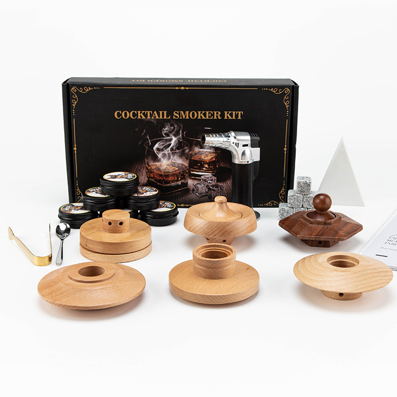 Cóctel de madera maciza caliente de Amazon transfronterizo, ahumador de whisky, juego de regalo de cubierta de madera ahumada de madera