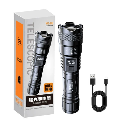 Big customer wholesale strong flashlight led outdoor rechargeable home portable 18650 mini zoom flashlight (UV fənərlər) - ws-66-digital-flashlight-type-c-line-color-box-packaging