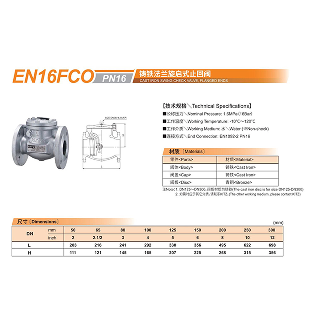 原装进口KITZ日本开滋北泽阀门  铸铁法兰旋启式止回阀EN16FCO