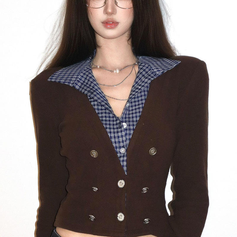 Ruanrui Office Siren New Color High Textures Fake Two-piece Design Sense Shirt Stitching Knitted Top Spring