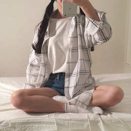 五笔蟹大码翻领长袖格子开衫女秋季衬衫上衣学生外套衣服韩国女装