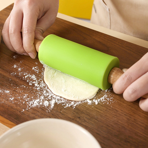 Silicone rolling pin rotating roller rolling pin kitchen wooden handle rolling pin dumpling skin pressed flour stick baking utensils