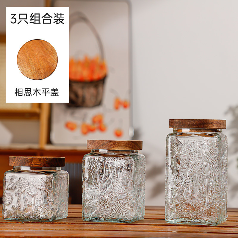 Hogar vintage Begonia flor realzada snack caramelo almacenamiento tarro bambú cubierta americana cocina transparente vidrio sellado frasco