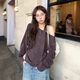 设计感小众别致波点长袖T恤秋季新款韩系氛围感露肩宽松显瘦上衣