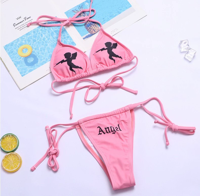 Women's Split-Tie Bikini Set, Triangle Top & Side-Tie Bottom, Fuchsia, Sizes S–XL