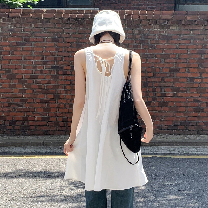 【Clearance Bargain】 26 Summer Short Sleeveless U-Neck Tank Dress with Design Details and Tie-Up Cotton Linen Dress for Women