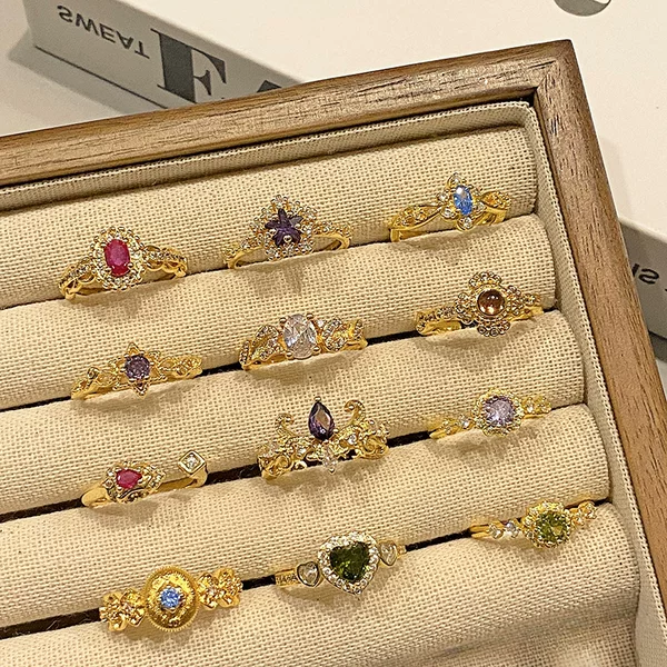 New Chinese Style Middle Ancient Style Golden Texture Plain Ring Light Luxury Ring Women's Pattern Wire-drawing Purple Diamond Advanced Sweet Cool Finger Ring