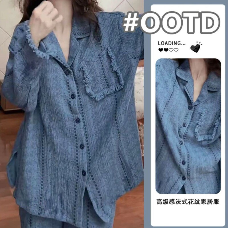 Pajamas for Women in Spring and Autum, Cloud Cotton with Breast Pads, Long-Sleeved Lapel Home Clothes, High-End Korean Style Casual Hot Style Suits