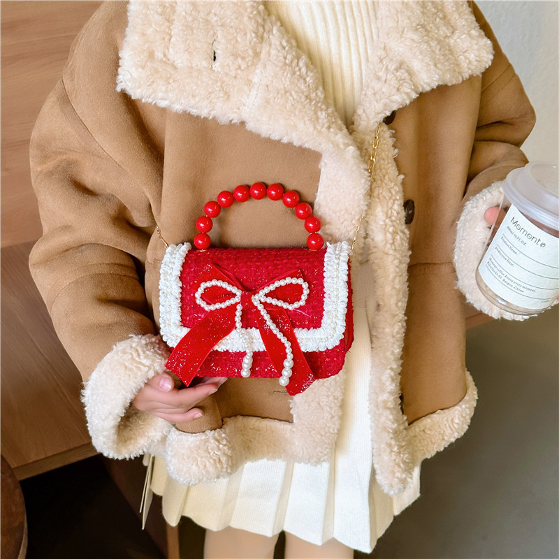 Año Nuevo gran bolso cuadrado rojo para niños bolso de perla bebé lindos bolso de cadena de arco bolso de cambio de niñas