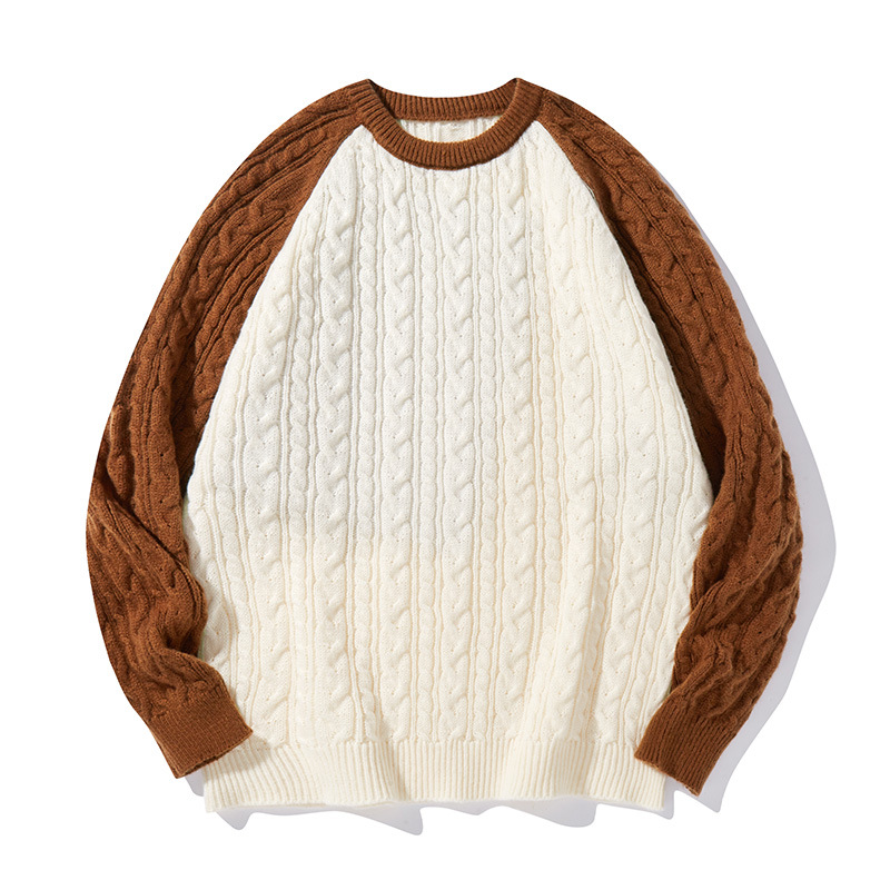 Men's Oversized Crewneck Sweater – Relaxed Fit Color-Block Knit Pullover For Fall & Winter (Black/Brown, M-Xxl)_voghion.com