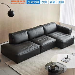Italian Genuine Leather down Sofa Large Living Room Modern Retro Lazy Straight Row Corner Combination Tofu Block Sofa