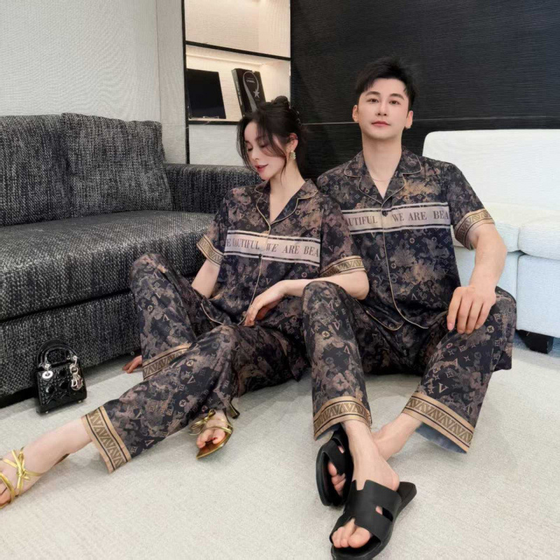 Spring and Summer New Couple Men's and Women's Pajamas Ice Silk High-End Luxury Big-Name Style Three-Piece Home Wear Set