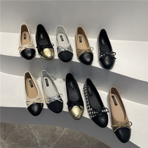  new style small fragrant style color matching bow flat ballet shoes for women versatile round toe small fragrant shoes shallow mouth single shoes